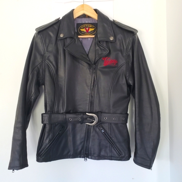 VICTORY MOTORCYCLE Women M Black Leather Moto Zips Jacket Belted Logos V… - Picture 15 of 16